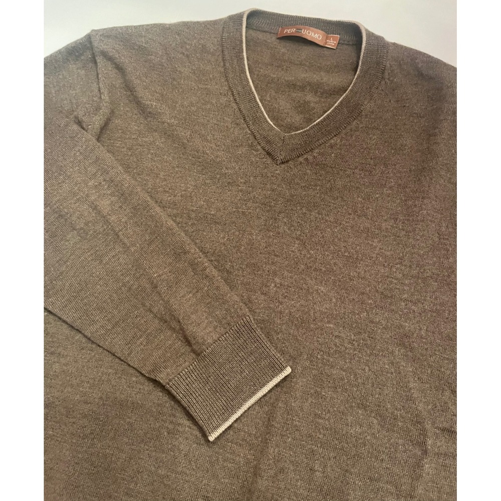 Per Me Uomo Merino Wool Extra Fine Mens V-Neck Sweater Taupe Brown Large